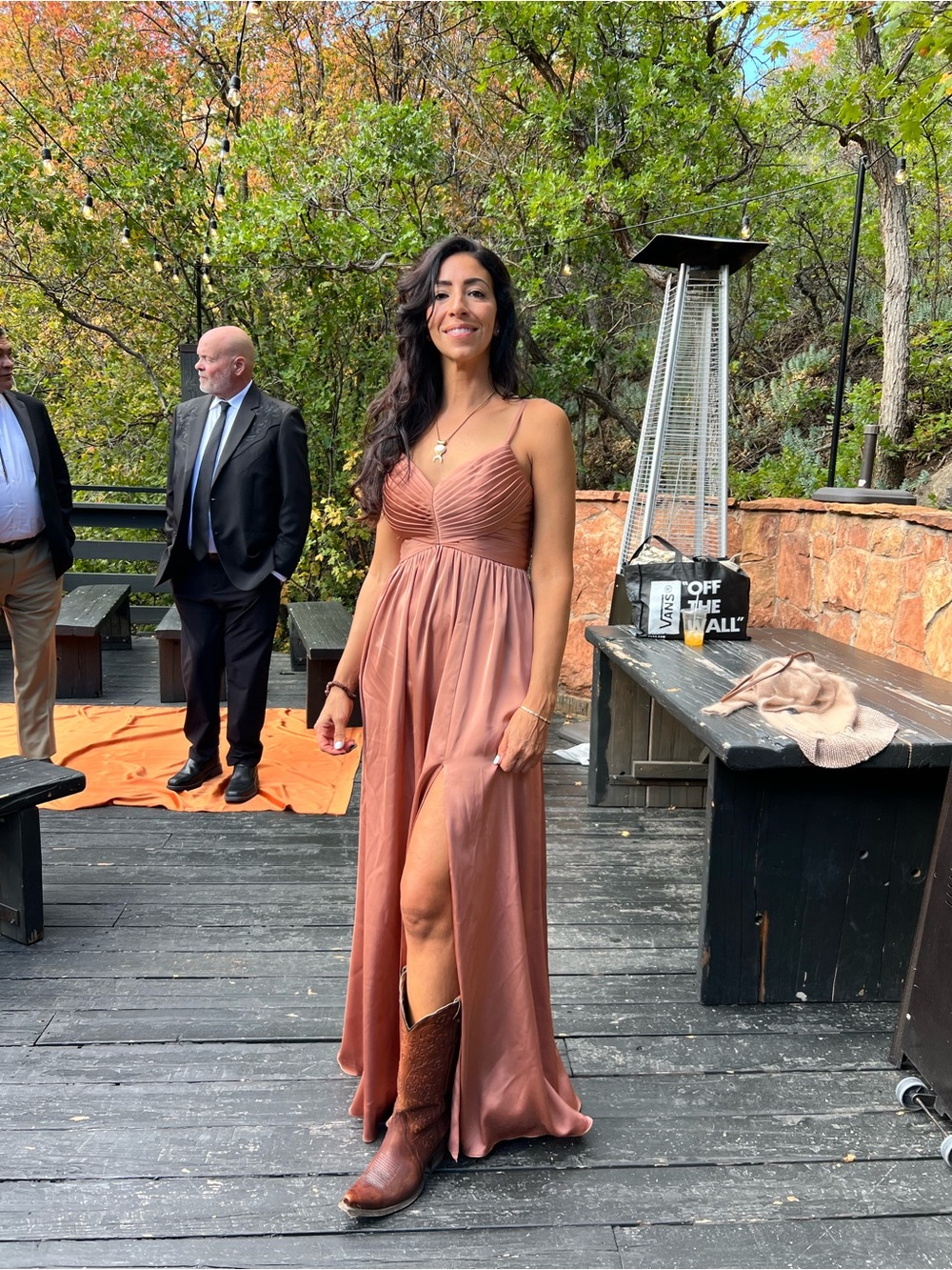 Azazie Rust Satin Spaghetti-Strap Maxi Dress with Front Slit